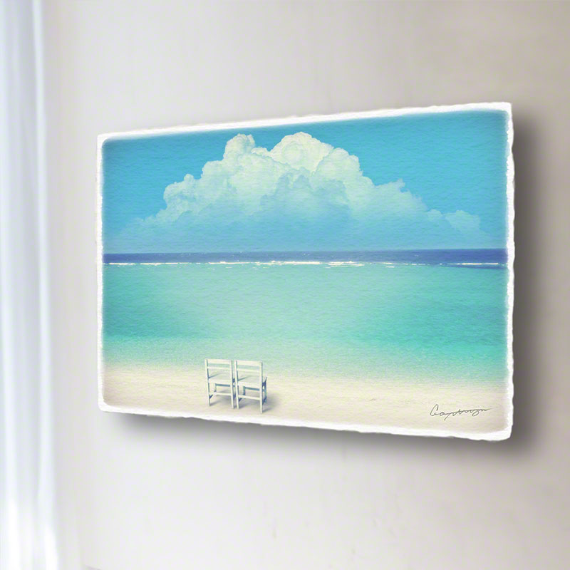 アートパネル 入道雲と珊瑚礁の砂浜と白い椅子